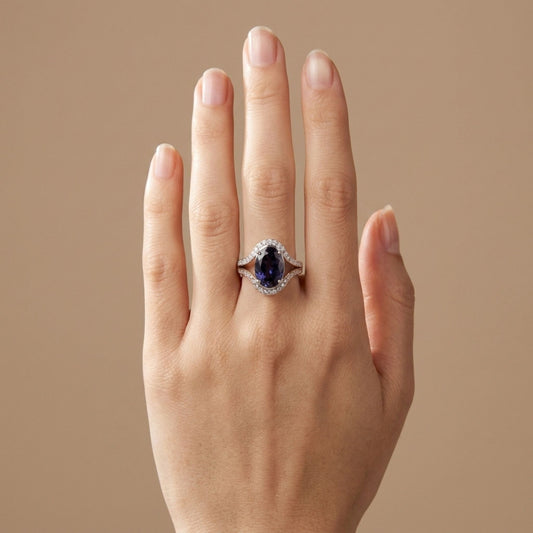 14K 4.40ct Oval Iolite 0.85cttw Pink & White Diamonds Ring