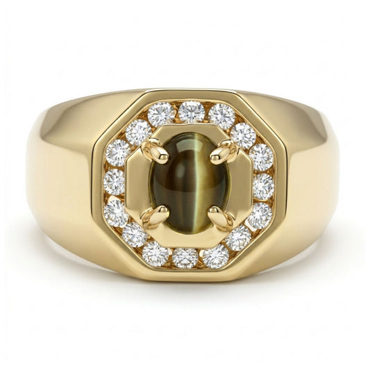 14K 1.18ct Oval Cat's Eye Chrysoberyl 0.33cttw VS White Diamonds Men's Ring