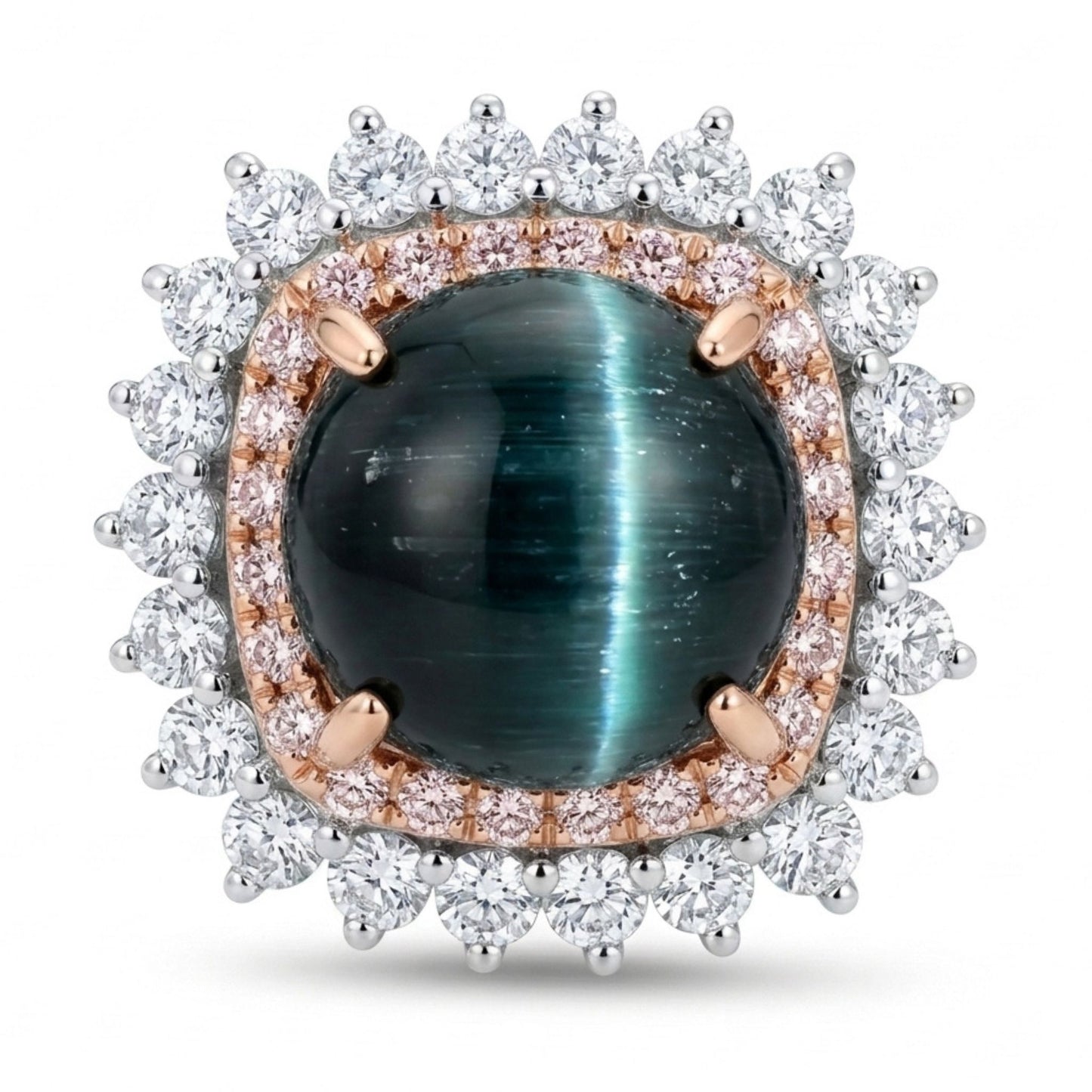 14K 4.99ct Round Cat's Eye Indicolite 1.32cttw Pink & White Diamonds Ring