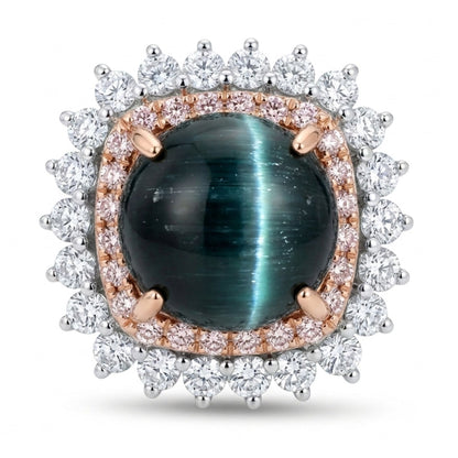 14K 4.99ct Round Cat's Eye Indicolite 1.32cttw Pink & White Diamonds Ring