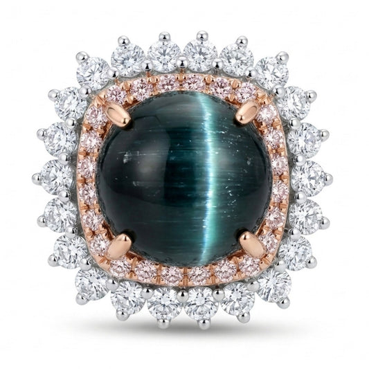 14K 4.99ct Round Cat's Eye Indicolite 1.32cttw Pink & White Diamonds Ring