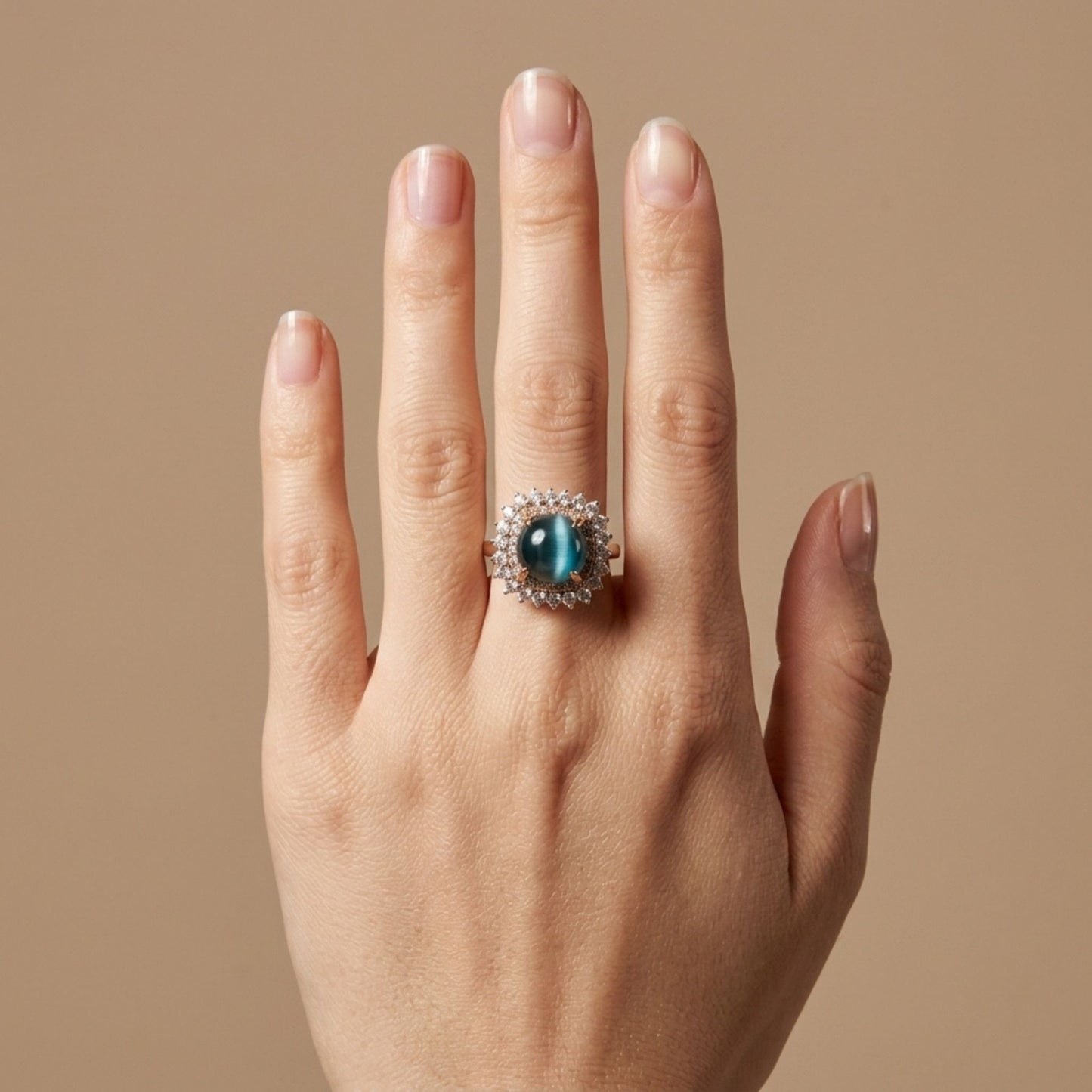 14K 4.99ct Round Cat's Eye Indicolite 1.32cttw Pink & White Diamonds Ring