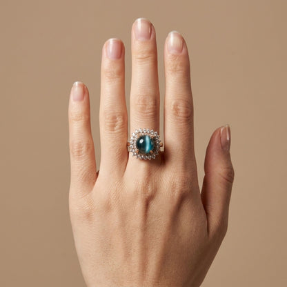 14K 4.99ct Round Cat's Eye Indicolite 1.32cttw Pink & White Diamonds Ring