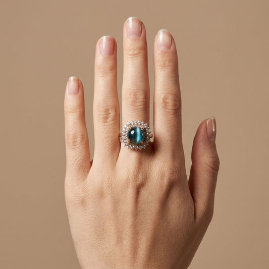 14K 4.99ct Round Cat's Eye Indicolite 1.32cttw Pink & White Diamonds Ring