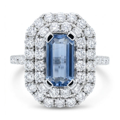 14K 1.20ct Emerald Cut Unheated Blue Winza Sapphire 1.00cttw VS White Diamonds Ring