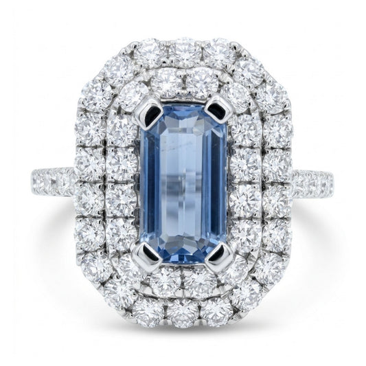 14K 1.20ct Emerald Cut Unheated Blue Winza Sapphire 1.00cttw VS White Diamonds Ring