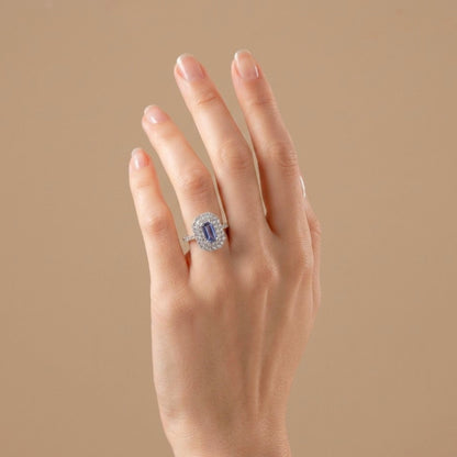14K 1.20ct Emerald Cut Unheated Blue Winza Sapphire 1.00cttw VS White Diamonds Ring