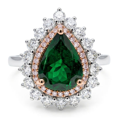 14K 1.63ct Pear Shape Tsavorite 0.72cttw Pink & White Diamonds Ring