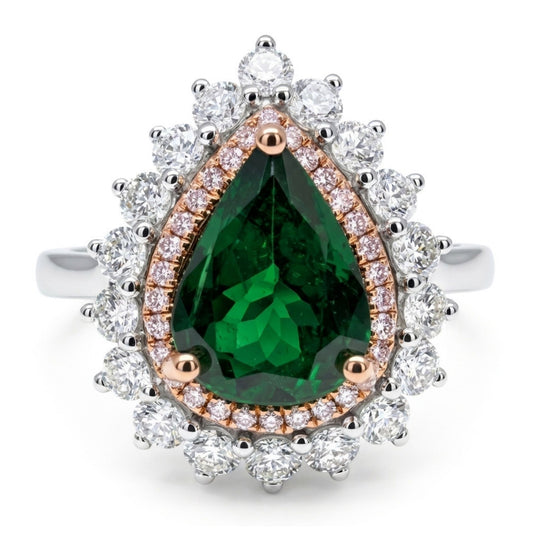 14K 1.63ct Pear Shape Tsavorite 0.72cttw Pink & White Diamonds Ring