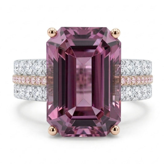 14K 10.11ct Emerald Cut Pink Diaspore 0.80cttw Pink & White Diamonds Ring