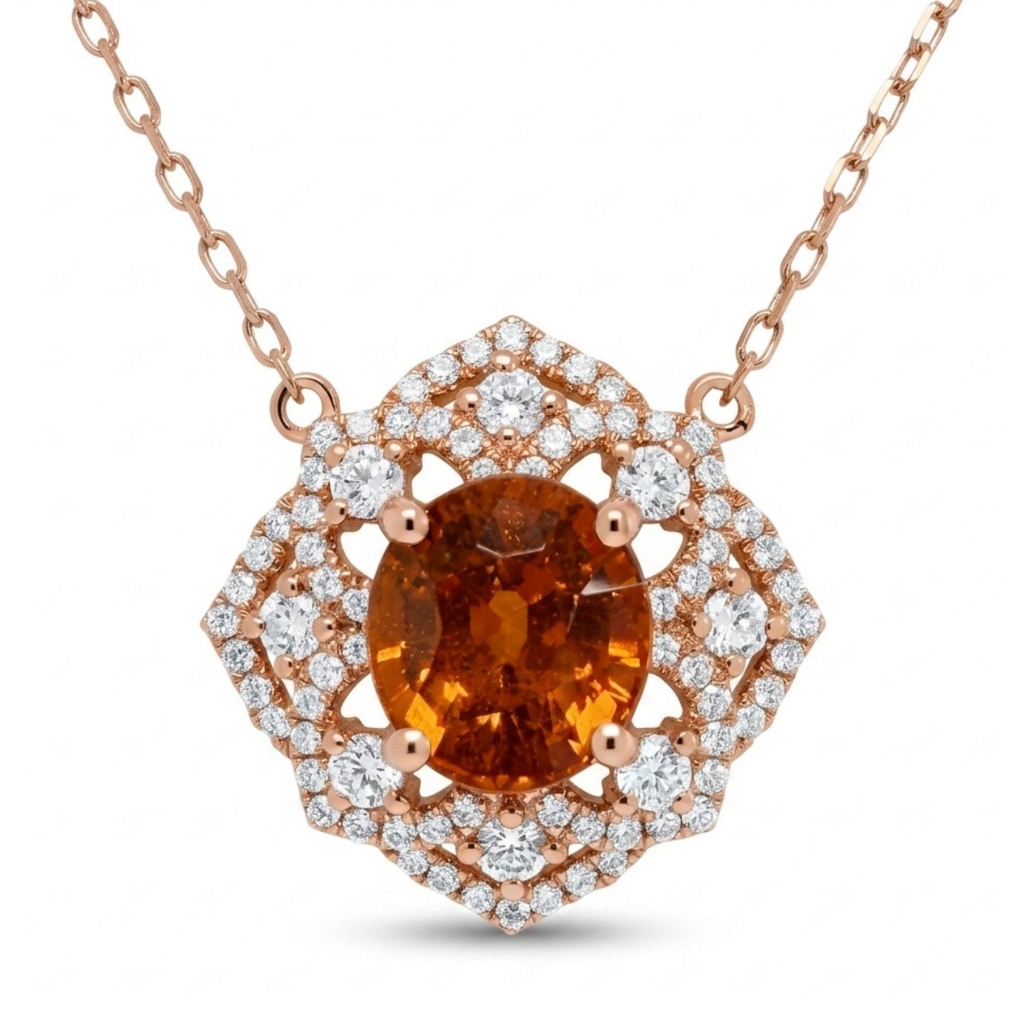 14K 3.01ct Oval Mandarin Garnet 0.64cttw VS White Diamonds Necklace