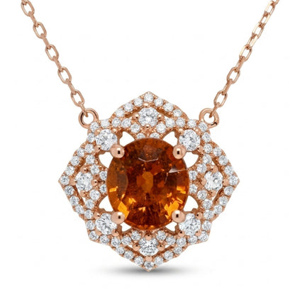 14K 3.01ct Oval Mandarin Garnet 0.64cttw VS White Diamonds Necklace