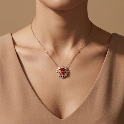 14K 3.01ct Oval Mandarin Garnet 0.64cttw VS White Diamonds Necklace