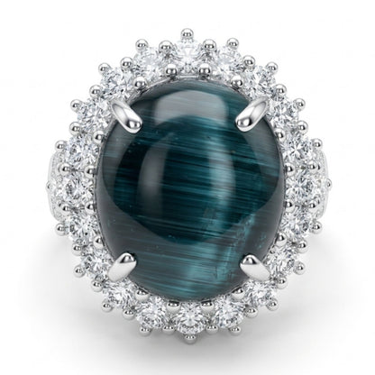 14K 8.44ct Oval Cat's Eye Indicolite 1.61cttw VS White Diamonds Ring