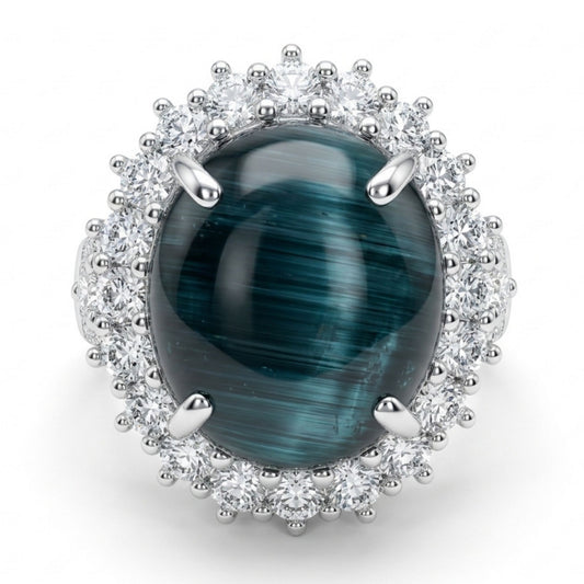 14K 8.44ct Oval Cat's Eye Indicolite 1.61cttw VS White Diamonds Ring