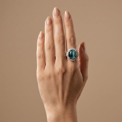 14K 8.44ct Oval Cat's Eye Indicolite 1.61cttw VS White Diamonds Ring
