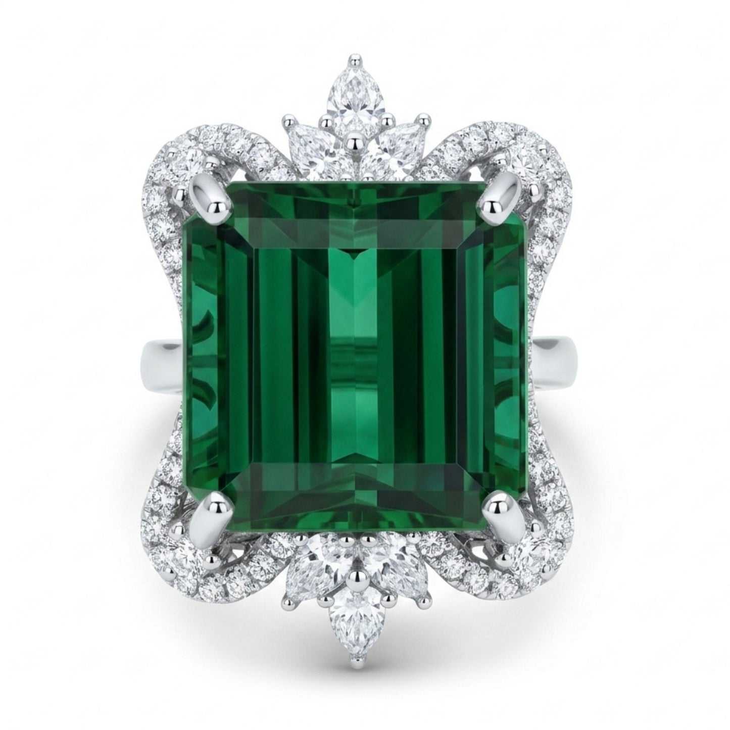 14K 16.38ct Emerald Cut Green Tourmaline 1.02cttw Pear Shape & Round VS White Diamonds Ring