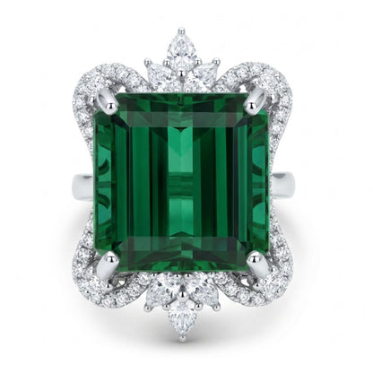 14K 16.38ct Emerald Cut Green Tourmaline 1.02cttw Pear Shape & Round VS White Diamonds Ring
