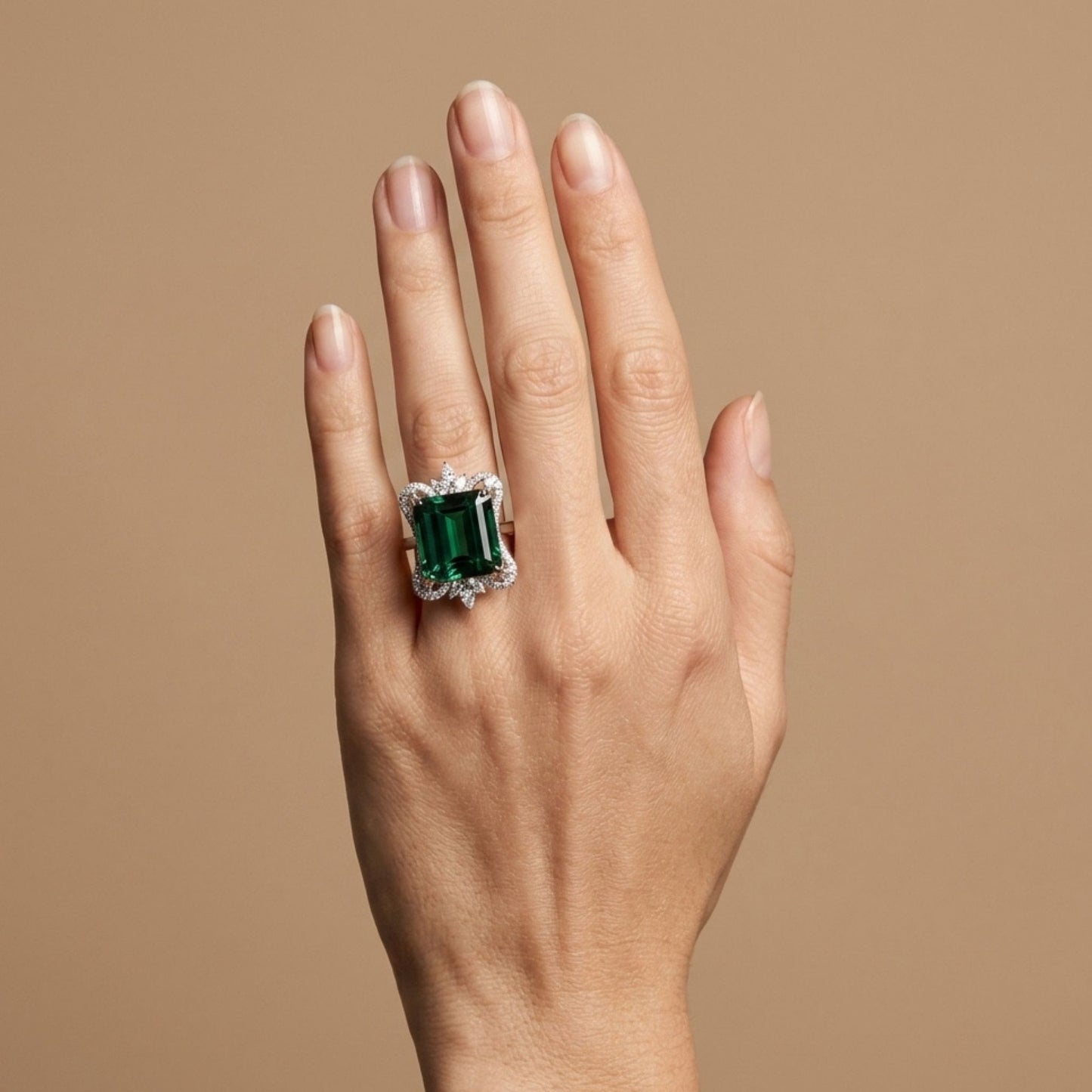 14K 16.38ct Emerald Cut Green Tourmaline 1.02cttw Pear Shape & Round VS White Diamonds Ring