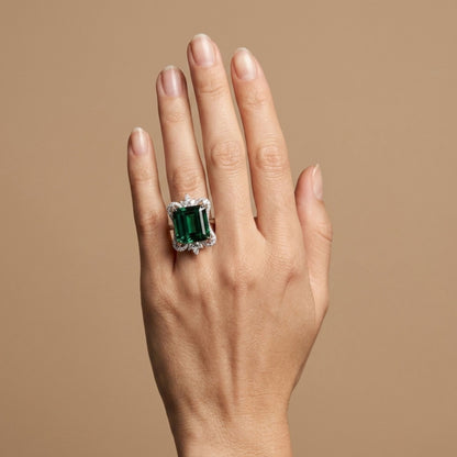 14K 16.38ct Emerald Cut Green Tourmaline 1.02cttw Pear Shape & Round VS White Diamonds Ring