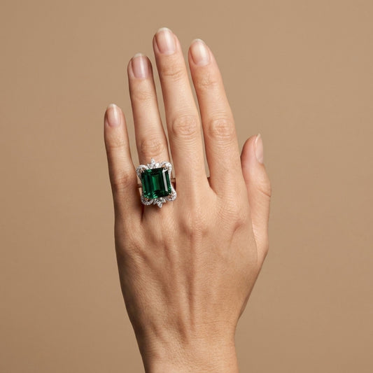 14K 16.38ct Emerald Cut Green Tourmaline 1.02cttw Pear Shape & Round VS White Diamonds Ring
