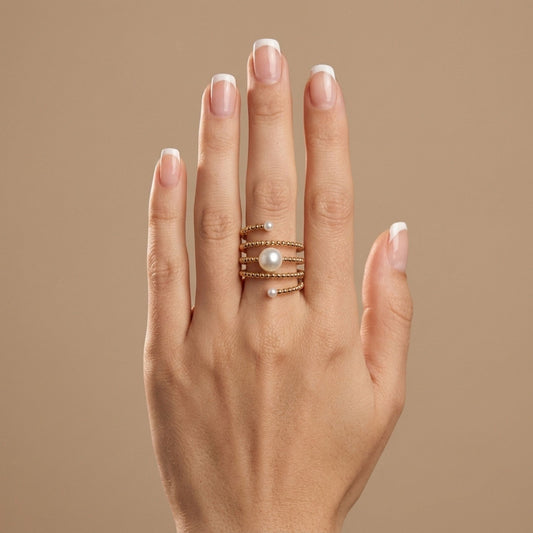 18K 9mm Freshwater White Pearl Flexible Coil Ring
