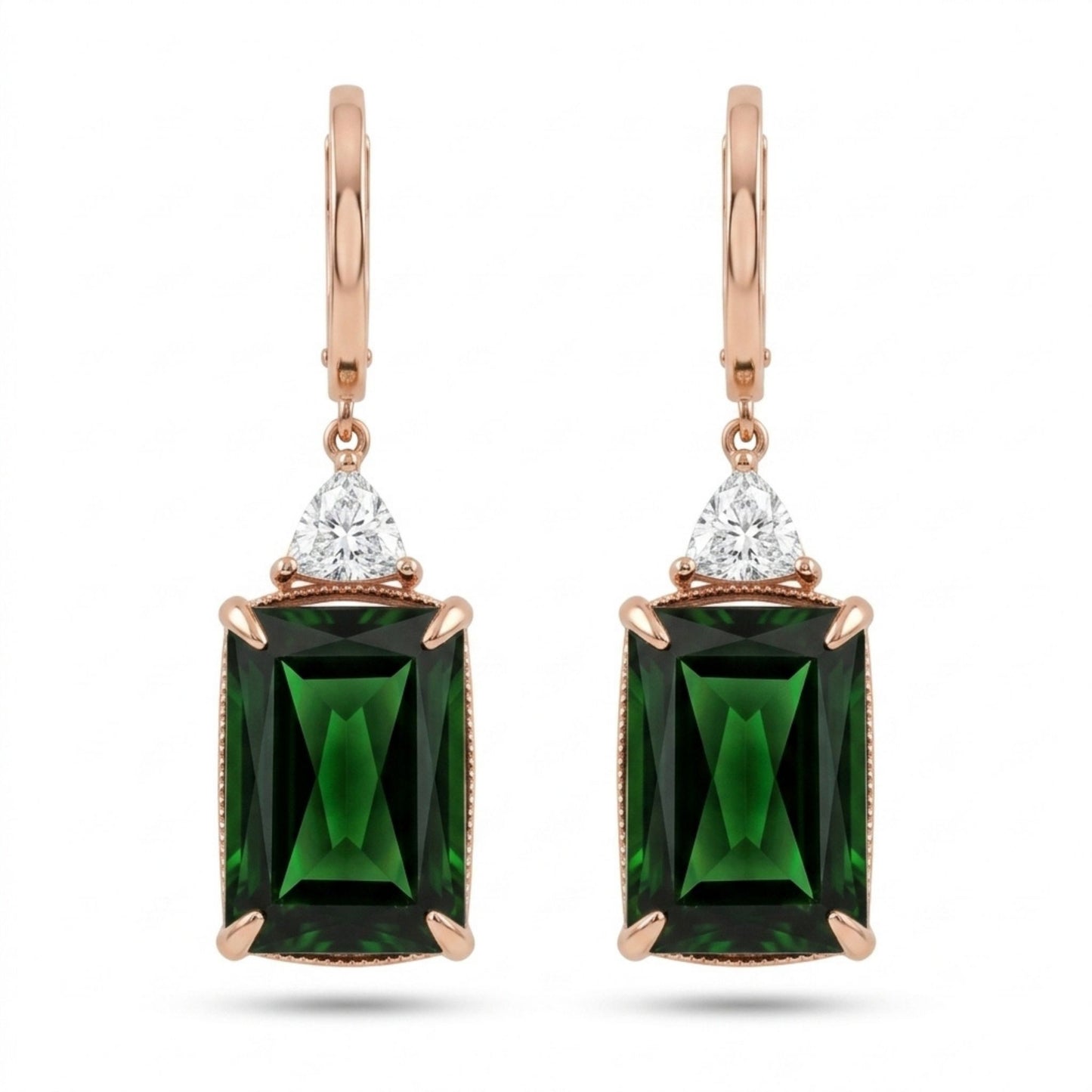 14K 16.48cttw Emerald Cut Green Tourmaline 0.53cttw Trilliant White Diamonds Drop Earrings