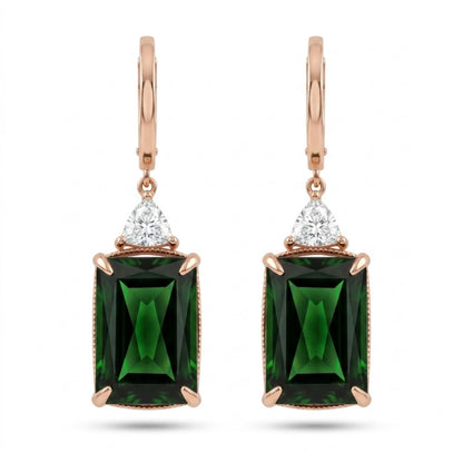 14K 16.48cttw Emerald Cut Green Tourmaline 0.53cttw Trilliant White Diamonds Drop Earrings