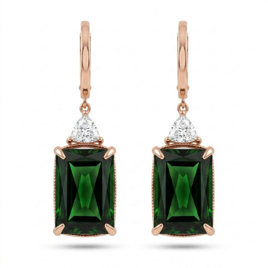 14K 16.48cttw Emerald Cut Green Tourmaline 0.53cttw Trilliant White Diamonds Drop Earrings