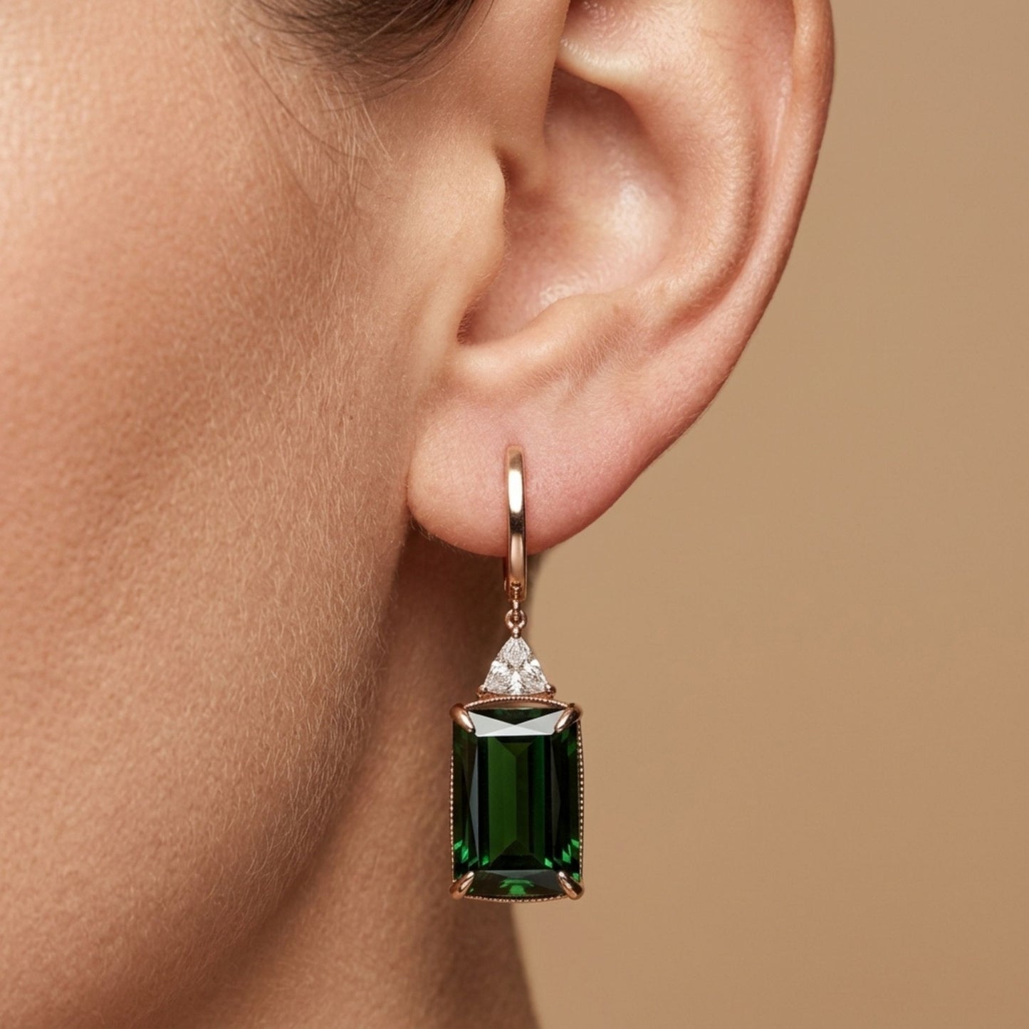 14K 16.48cttw Emerald Cut Green Tourmaline 0.53cttw Trilliant White Diamonds Drop Earrings
