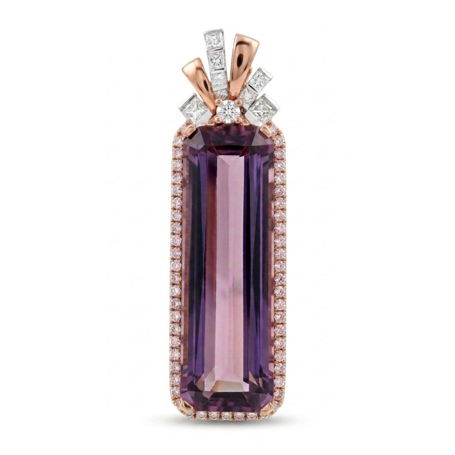 14K 24.41ct Emerald Cut Pink Diaspore 1.97cttw VS Pink & White Diamonds Pendant