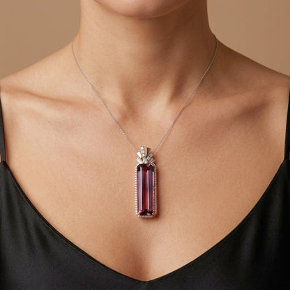 14K 24.41ct Emerald Cut Pink Diaspore 1.97cttw VS Pink & White Diamonds Pendant