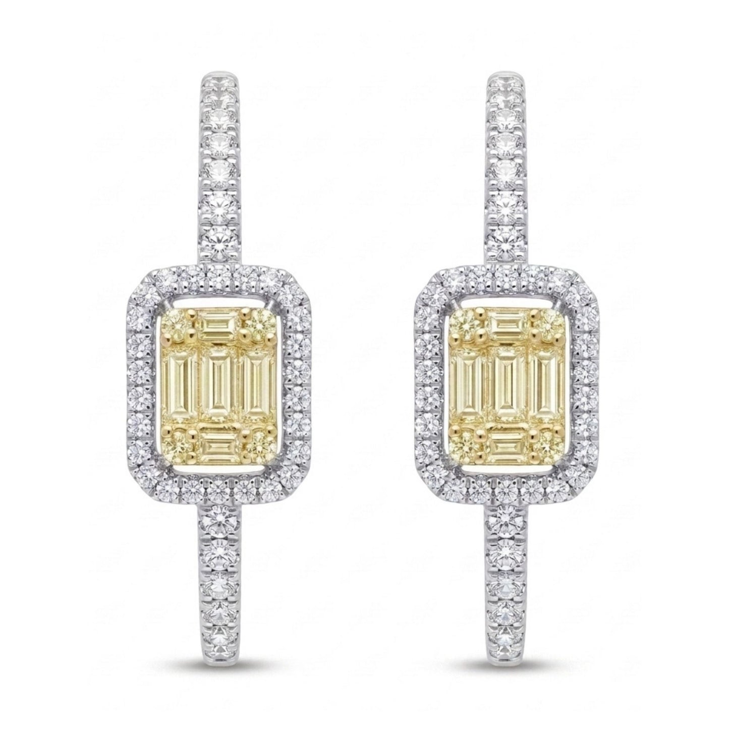 18K 1.15cttw Baguette & Round VS White Diamonds Hoop Earrings