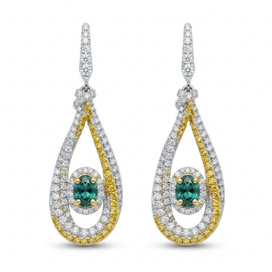 14K 1.21cttw Oval Alexandrite 1.74cttw Yellow & White Diamonds Drop Earrings
