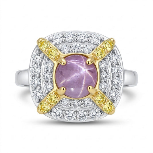 14K 2.08ct Round Unheated Star Sapphire 0.87cttw Yellow & White Diamonds Ring
