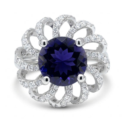 14K 2.24ct Round Iolite 0.71cttw VS White Diamonds Ring