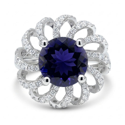14K 2.24ct Round Iolite 0.71cttw VS White Diamonds Ring