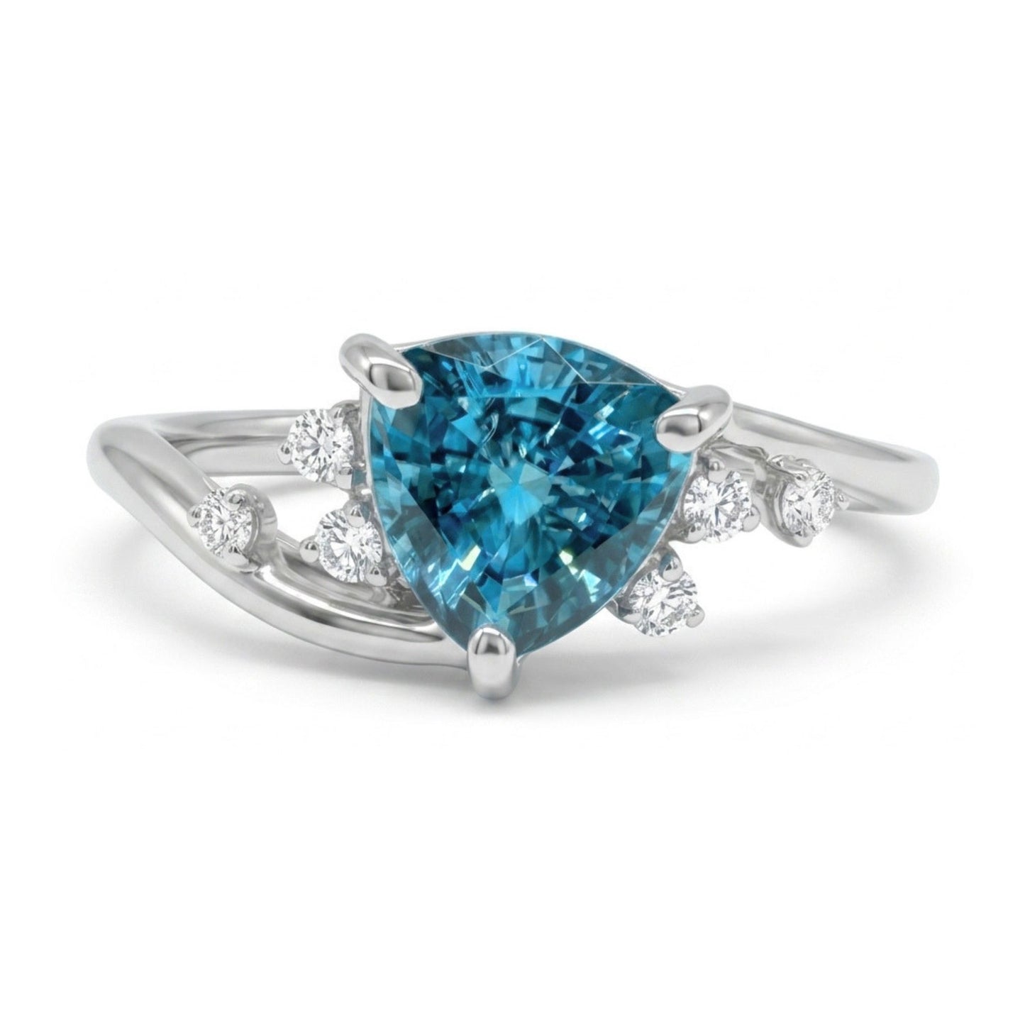 14K 1.30ct Trilliant Blue Zircon 0.09cttw VS White Diamonds Ring