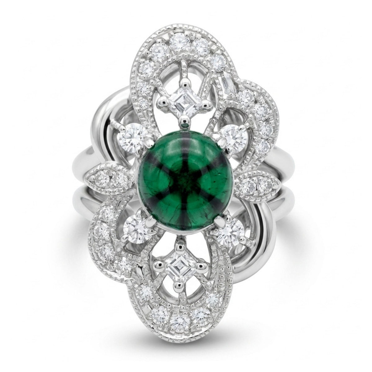 Platinum 1.98ct round trapiche emerald ring with 0.62cttw white diamonds