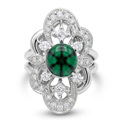 Platinum 1.98ct round trapiche emerald ring with 0.62cttw white diamonds