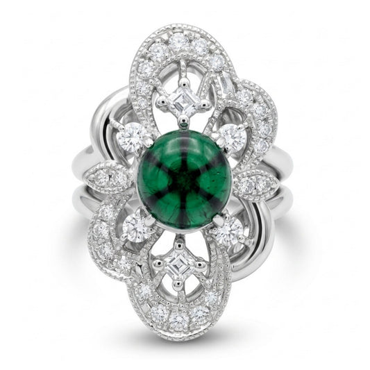 Platinum 1.98ct Round Trapiche Emerald 0.62cttw White Diamonds Ring