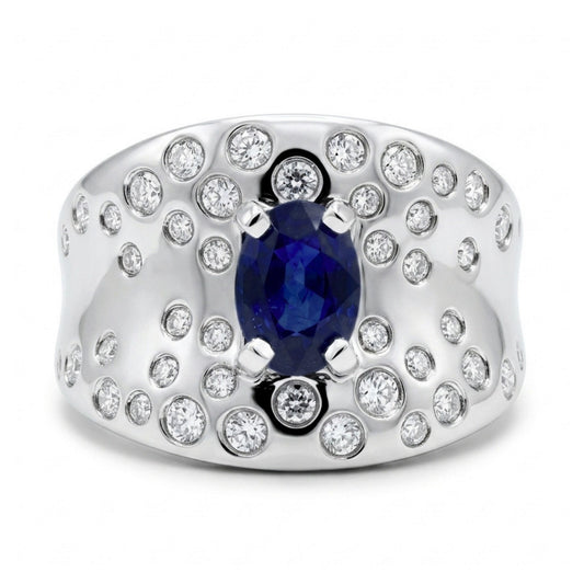 14K 0.90ct Oval Blue Sapphire 0.53cttw VS White Diamonds Ring