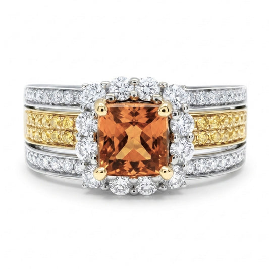 14K 1.32ct Cushion Imperial Topaz 1.01cttw Yellow & White Diamonds Ring