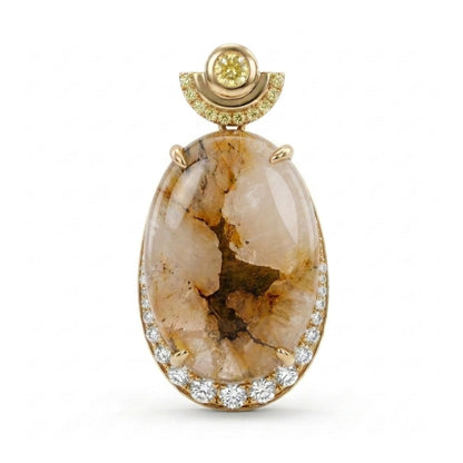 14K 11.77ct Oval Natural Gold Quartz 0.64cttw Yellow & White Diamonds Pendant