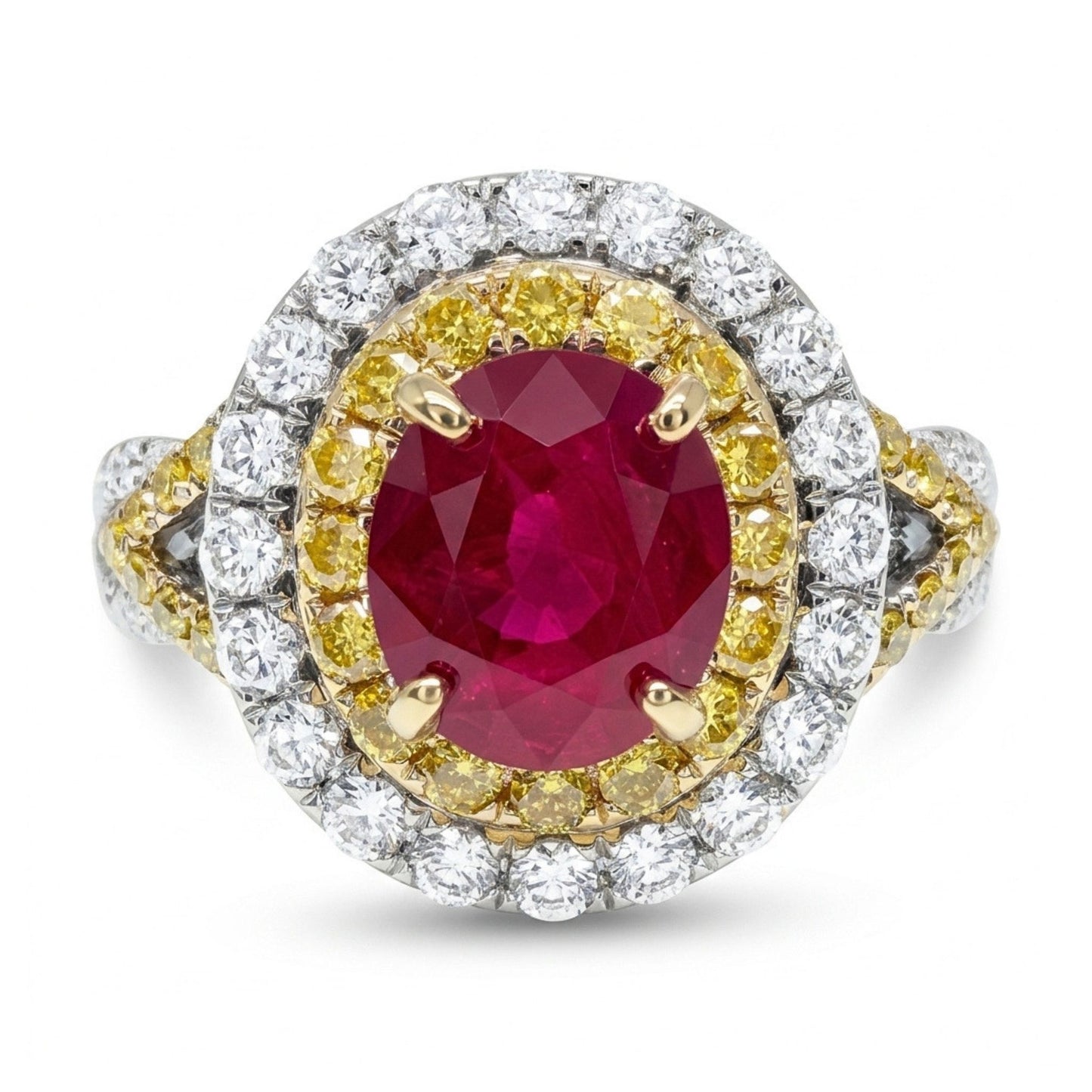 14K 2.01ct Oval Burma Ruby 0.92cttw Yellow & White Diamonds Ring