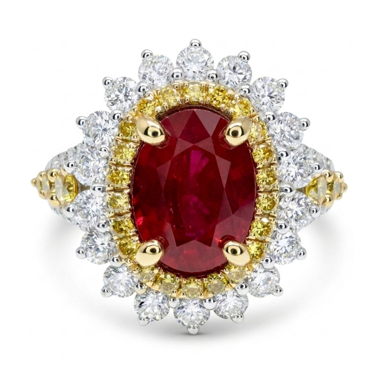 14K 1.79ct Oval Burma Ruby 1.26cttw Yellow & White Diamonds Ring