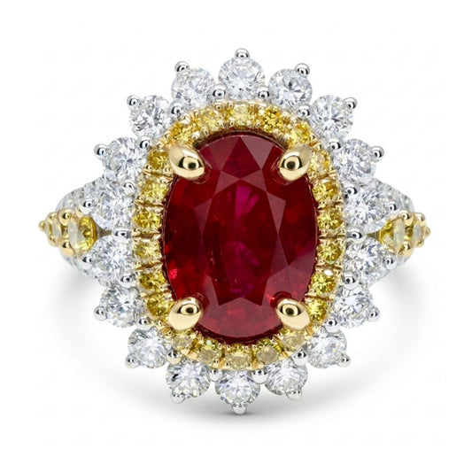 14K 1.79ct Oval Burma Ruby 1.26cttw Yellow & White Diamonds Ring