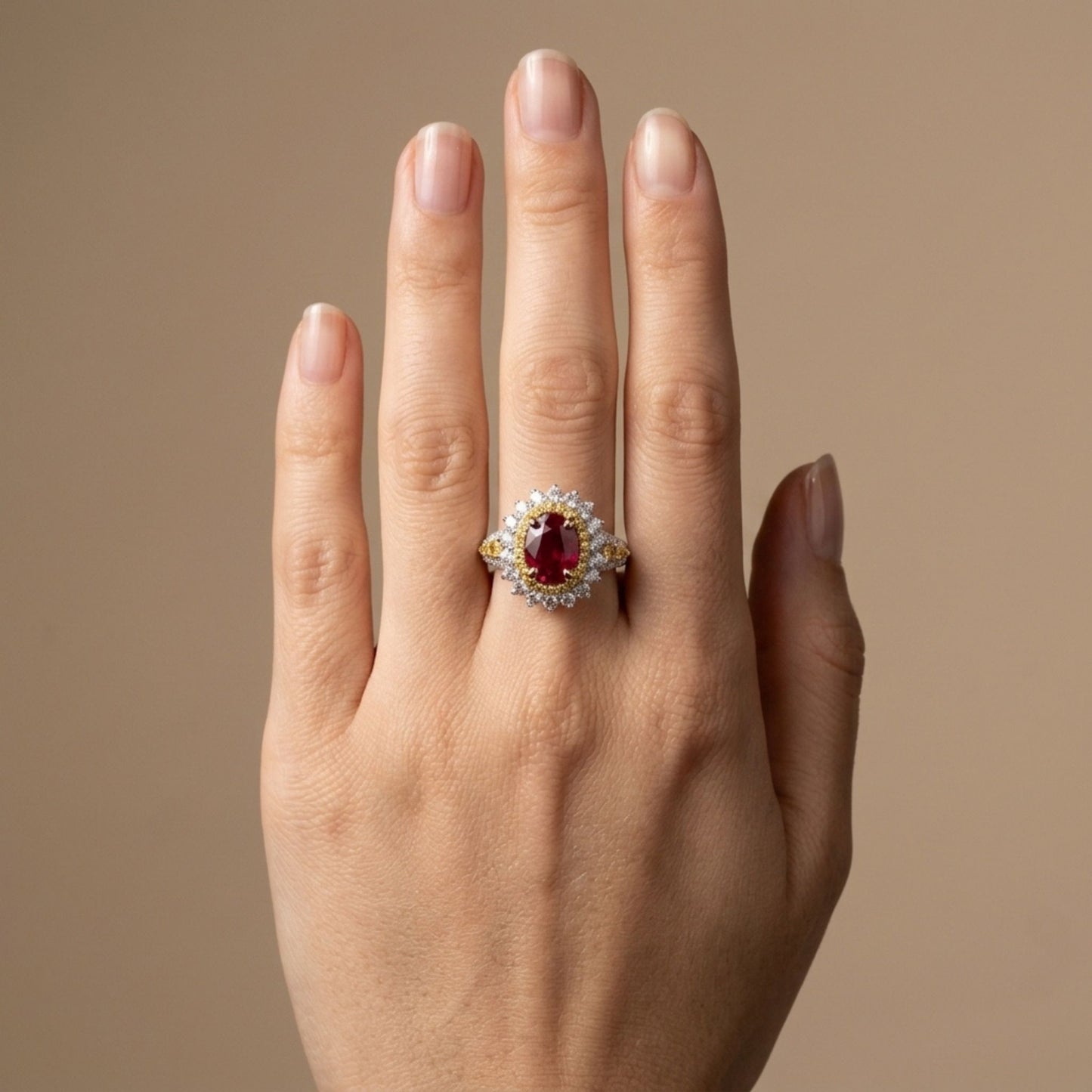 14K 1.79ct Oval Burma Ruby 1.26cttw Yellow & White Diamonds Ring