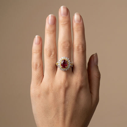 14K 1.79ct Oval Burma Ruby 1.26cttw Yellow & White Diamonds Ring