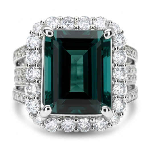 14K 4.33ct Emerald Cut Indicolite 1.11cttw VS White Diamonds Ring